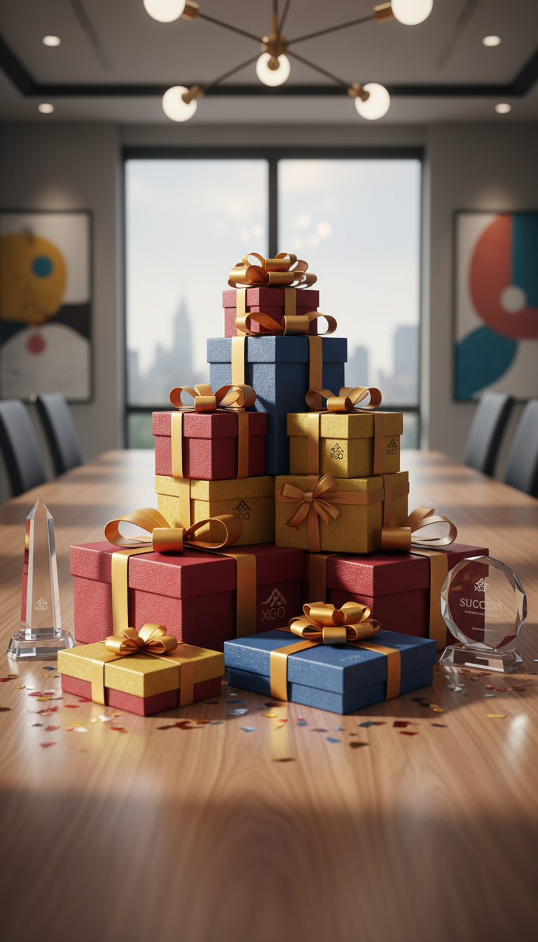 An elegant collection of intricately designed gift boxes, crafted from high-quality textured paper in vibrant reds, golds, and blues, adorned with glossy ribbons and subtle embossed corporate logos. The boxes are neatly stacked on a gleaming walnut conference table, surrounded by scattered confetti and a few tasteful crystal awards. Diffused overhead lighting casts soft, inviting highlights and gentle shadows, emphasizing the luxurious materials. The composition is centered, shot from a slightly elevated angle, offering a clean and modern feel. The mood is celebratory yet sophisticated, designed to evoke corporate success and thoughtful appreciation, aligning with XGO's mission to create value and enrich others.